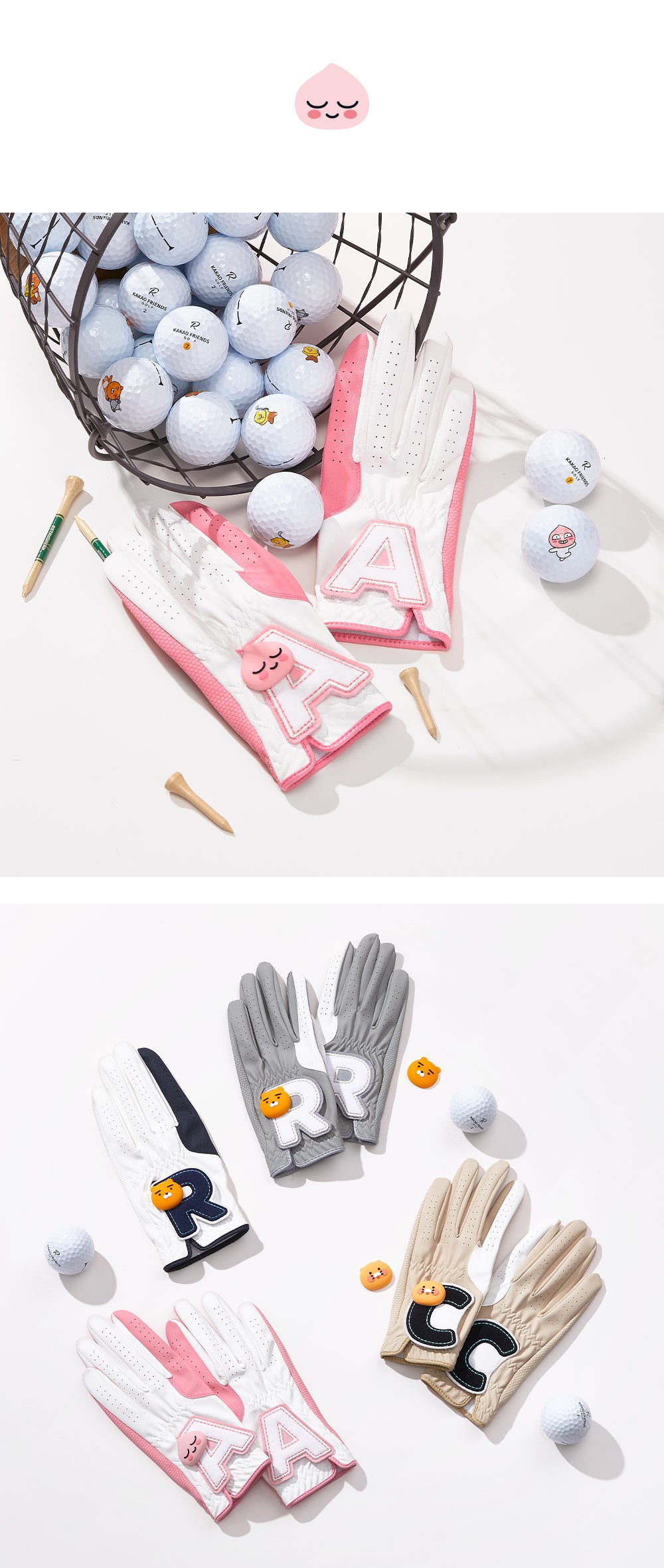 KAKAO FRIENDS: Friends Ball Marker Women's Both Hands Synthetic Leather Gloves - Apeach 프렌즈 볼마커 여성 양손 합피장갑 - 어피치