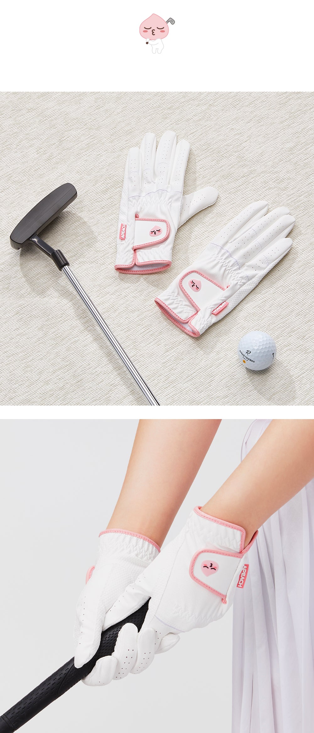 Kakao Friends: Basic women's leather double-handed gloves - Apeach 베이직 여성 합피 양손장갑 - 어피치