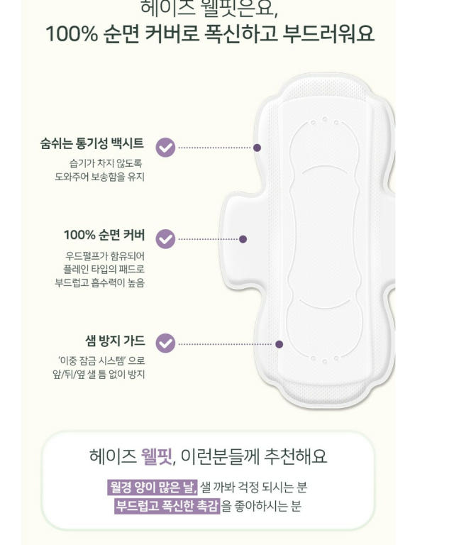 Heyz Wellfit 100% Cotton Sanitary Pad Large 32pcs - 헤이즈 웰핏 100% 순면 커버 대형 32개입