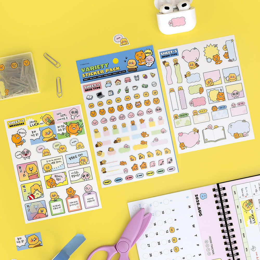 [KAKAO FRIENDS] Diary, Card, Calandar Deco Sticker 3pc Set - 다이어리 카드 켈린더 데코 3pc 세트