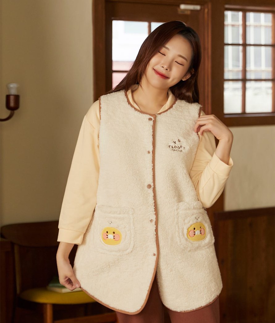 [KAKAO FRIENDS] Floofy Friends Choonsik Long Fleece Vest - 춘식이 롱 양털 조끼, 수면 조끼