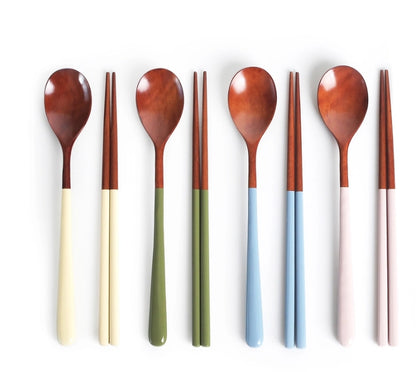 [GOLDENBELL] Premium Wooden Color Spoon & Chopstick Set For 4- 골든벨 칼라 나무 수저 4인 세트