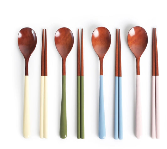 [GOLDENBELL] Premium Wooden Color Spoon & Chopstick Set For 4- 골든벨 칼라 나무 수저 4인 세트